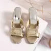 Meotina Women Shoes Crystal High Heels Slippers Round Toe Slides Lady Cutouts Thick Heel Sandals Summer Golden Sliver Size 3-12 210608