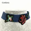 Gothletic 2021 Fashion Blue Denim Jean Choker Flower Flower Bird Terbroidery Collar Necklace for Women Punk Jewelry Chokers