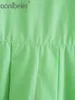 Zielone luźne koszule Lato Moda Turn-Down Kołnierz Kropla Ramię Kobiety Casual Bluzki Kobieta Zakrzywiona Hem Wysokie Niski Topy 210604