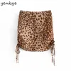 Seite Kordelzug Vintage Leopard Sexy Rock Frauen Zurück Zipper Hohe Taille Mini Sommer Chiffon Jupe Femme 210430