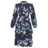 Femmes Imprimé Robe Floral Gâteau Plissée Taille Haute Manches Longues Vintage Printemps Été Mode Africaine Femme Dames Vestidos 210416