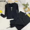 3287 Cardigan lavorato a maglia con colletto polo Cerniera corta a doppia testa Top a maniche lunghe Pit Strip Pantaloni a gamba larga a vita alta 210507