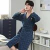 Men's Sleepwear Spring Autumn Knitted Cotton Bathrobe Men Sleep Lounge Kimono Bath Robes Masculino Dressing Gown Navy Blue Fashion