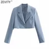 Zevity 2021 Mujeres Moda Un solo botón con muescas Ajuste corto Blazer Abrigo Oficina Lady Businsuits Mujer Chic Crop Tops SW715 X0721