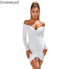 Dam Sexig Drawstring Klänning Höst Vinter Svart Vit Slash Neck Korta Klänningar Långärmad Solid Mini Club Dress Vestidos 210706