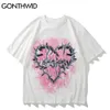 Gonthwid 대형 티셔츠 셔츠 힙합 체인 심장 인쇄 펑크 록 고딕 Tshirts Streetwear 패션 Harajuku 캐주얼 코튼 탑 210714