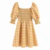 Foridol Vintage Rękaw Puff Smoking Plaid Krótka Summer Sukienka Kobiety Elastyczne Damskie Damska Dress Żółta sukienka w kratkę Vestidos 210415