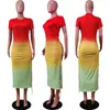 Vestidos de color degradado para mujer Tendencia de moda Manga corta Cintura alta Faldas medias flacas Diseñador Verano Mujer Cuerda Apertura Vestido delgado informal