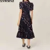 Sweet vintage-inspired stretch poplin midi dress featuring mixed floral dot print Angled neckline delicate ruffles puff sleeve 210510