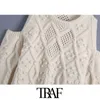 TRAF Women Fashion Bobble Appliques Hollow Out Knitted Sweater Vintage O Neck Long Sleeve Female Pullovers Chic Tops 210415