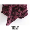 TRAF Women Chic Fashion with knot floral print fluwelen mini rokken vintage hoge nek rug rits vrouwelijke rokken mujer 210415