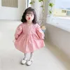 Wholesale Spring Baby Girl 2-pcs Sets Long Puff Sleeves Dress + White Lace Sling Kids Clothes E1042 210610