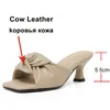 Meotina Äkta läder Sandaler Square Toe Slides Pleated High Heels Tofflor Sommar Kattunge Heel Ladies Footwear Svart 42 210520