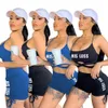 Match Brief Gedrukt Twee Stuk Trainingspak Sets Womens Outfits Spaghetti Strap Crop Top Biker Shorts Gym Kleding Workout 210525