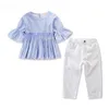 Retail Girl Summer Clothing Sets Half Mouw Ruffle Shirts + Jeans Twee Stuk Fashion Sister Outfits Kids 2-7 jaar E18008 210610