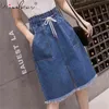 Plus Size Casual Midi Rock Koreanische Feste Damen Hohe Taille Student Mädchen Sommer Denim Kordelzug S B03106B 210421