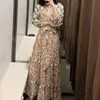 Bahar Kadın Çiçek Baskı Ekleme MIDI Gömlek Elbise Kadın V Boyun Puf Kollu Giysi Casual Lady Gevşek Vestido D7395 210430