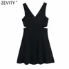 Zevity Women Sexy Deep V Neck Side Hollow Out Black Sling Mini Dress Femme Chic Sommar Använd Casual Slim Party Vestido DS8113 210603