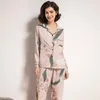 Звездное небо и цветочные напечатанные женщины Pajamas комплект комфорта Comfort хлопчатобумажная атлас с полным рукавом домашняя одежда женская нежная повседневная одежда для весны 210809