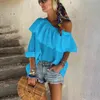 Women Sexy Ruffles Skew Collar T-Shirts Tops Summer Casual Solid Short Sleeve Female Loose White Beach Holiday Party Tees 210416