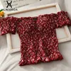 Verano Vintage Pliegues Floral Mujer Camiseta Dulce Ruffle Slash Cuello Ropa de mujer Imprimir Sknny Versátil Estilo de playa Tops cortos Y0629