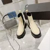 Thick Sole Chelsea Boots Woman Round Toe Slip On Short Shoes Genuine Leather Black Beige Motorcycle Boot Flat Shoe Women