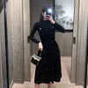 Spring Autumn Women Two Piece Set Casual O Neck Solid Black Bottom Knitting Tops + Sling Hight Waist Velvet A Line Dress 210514