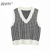 ZEVITY Yeni Kadın Moda V Boyun Houndsthooth Ekose Patchwork Yelek Ceket Ofis Bayanlar Kolsuz Casual Ince Yelek Üstleri S378 210419