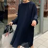 Nomikuma Koreański Dorywczo Z Długim Rękawem Niebieska Sukienka Kobiety Solidna Kolor O Neck Plised Sukienki Damskie Vestidos Ropa Mujer 3A964 210514