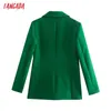 タンガダの女性の純粋な緑のブレザーコートヴィンテージノッチカラーポケットファッション女性カジュアルシックなトップスQD58 211019