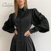Spring Autumn Women Black Satin Single Breasted Vintage Party Long Sleeve Mini Dress 210415