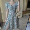 Summer Casual Short Puff Sleeve Women Medi Dresses Plus Size V Neck Floral Split Dress A-Line Empire Ladies Robe Vestidos 210521