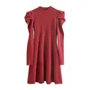 PERHAPS U Women Black Khaki Red Knitted Long Sleeve A Line Elegant Mini Dress Female Solid Puff Sleeve Stand Collar D3004 210529