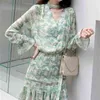 Women Casual Spring And Summer Chiffon Floral Long Dress Pleated Waist Ruffled V-neck Long Sleeves Vintage Prom Dress 210515