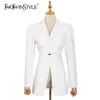 White Patchwork Elegant Blazer For Women Notched Long Sleeve Single Button Tunic Blazers Female Clothing Style 210524