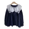 FORSE U Camicia a maniche lunghe da donna Camicetta con maniche a sbuffo Navy Bianco Colletto in pizzo solido Mori Girl Sweet Japan Style B0692 210529