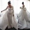 2021 Luxury Mermaid Wedding Dresses Sheer Neck Formal Bridal Gowns Long Sleeves Illusion Full Lace Appliques Tulle Overskirts With Detachable Train Plus Size