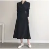 Herbst Zweireiher Koreanische Frauen Langes Kleid Volle Hülse Kerb Kragen Gürtel Plissee Kleider Elegante Büro Vestidos 210513