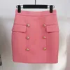 Pink Skirt Blazer Suits Fashion Gold Double Breasted Buttons Blazers Pencil Skirts Slim Two Pieces Sets High Quality 220221