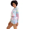 Shinbene Tie Dye Crop Sweter + Szorty Wypoczynek Siłownia Zestawy sportowe Kobiety Bawełna Z Kapturem Fitness Trening Długi Sweter + Spodenki 2 sztuk / zestaw 210813