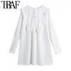 TRAF Women Sweet Fashion With Ruffle Trim White Mini Dress Vintage Big Collar Long Sleeve Female Dresses Vestidos Mujer 210415