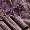 Japanska Mori Girl Sweet Women Dress Elegant Långärmad Retro Purple Plaid Vestidos Kvinna Vintage Lace Ruffles 210520