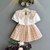 Gooporson Lato Little Girls Clotce Cute Plaid Koronki Kołnierz Krótki Rękaw Shirtskirt Cartoon Dzieci Odzież Set Dzieci Stroje 210715