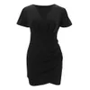 Mode Sexy Low Cut V-ausschnitt Schrumpfung Feste Hohe Taille Dünne Kleider Frauen Neue Sommer Kleid Weibliche Kurzarm Mini kleid 210412