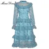 Mode Designer Dress Spring Women's Dress Långärmad Mesh Broderi Lace Cascading Ruffle Dresses 210524
