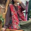 Johnature Women Vintage Cotton Print Blommor Västar Kinesisk stil Ärmlös Coats V-Neck Vinterfickor Kvinnliga västar 210521