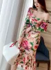 花のドレスの女性の夏の正方形の襟スリムハイウエスト長袖ニーレングスフィッシュテールドレス女性210427