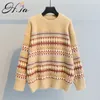 H.SA Mulheres Vintage E Pullovers Argyle Grosso Quente Pull Jumpers Solto Khaki Bege Mink Sweater Tops 210417