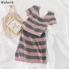 Vintage Striped Dress Knitted Sexy Bodycon Dresses Woman V Neck Short Sleeve Sweater Basic Clothes 210519