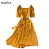 Neploe Square Collar Clavicle Exposed Sexy Dress Women High Waist Hip Sashes A Line Vestidos Short Sleeve Summer Solid Robe Slim 210423